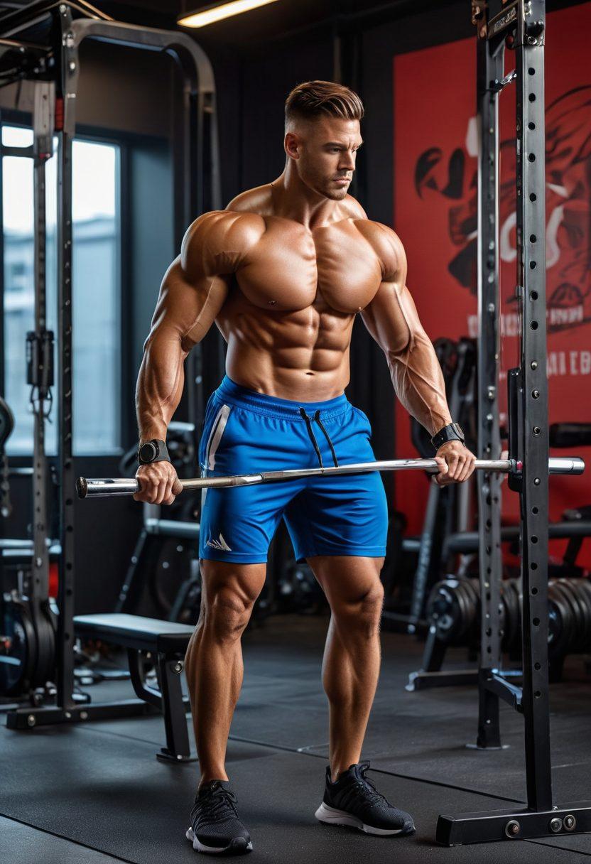 A powerful athlete performing Pendlay Rows in a state-of-the-art gym, showcasing muscle definition and intense focus. Background displays motivating posters and advanced gym equipment. Emphasize the movement's form and muscular engagement. super-realistic. vibrant colors. dynamic lighting.