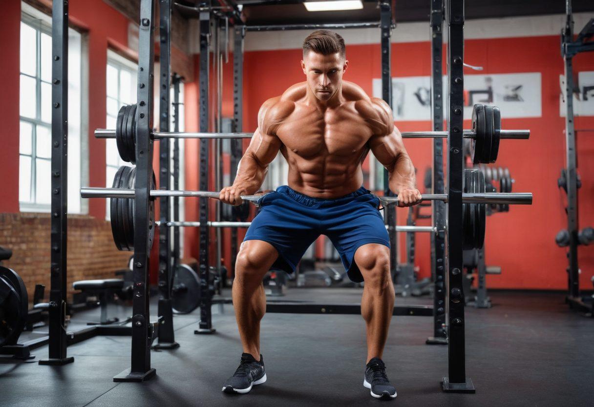 A muscular athlete performing a Pendlay Row in a gym setting, showcasing proper form with a barbell on the ground. Emphasize the athlete's back muscles and the intensity of the workout. Include gym equipment like weights and a squat rack in the background. The scene is energetic and motivating. super-realistic. vibrant colors.